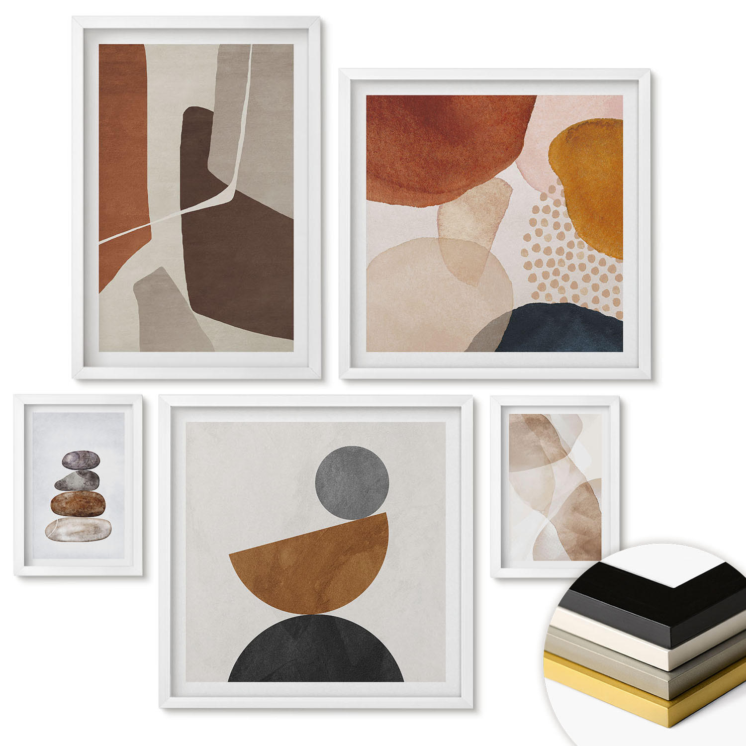 WANDBILDER 5er-Set - 50x50 cm & 20x30 cm & 40x60 cm Weißer Rahmen - Abstrakte Malerei Dekorationen - Weiß, Kunststoff (40/60cm) - ArtPrintCave