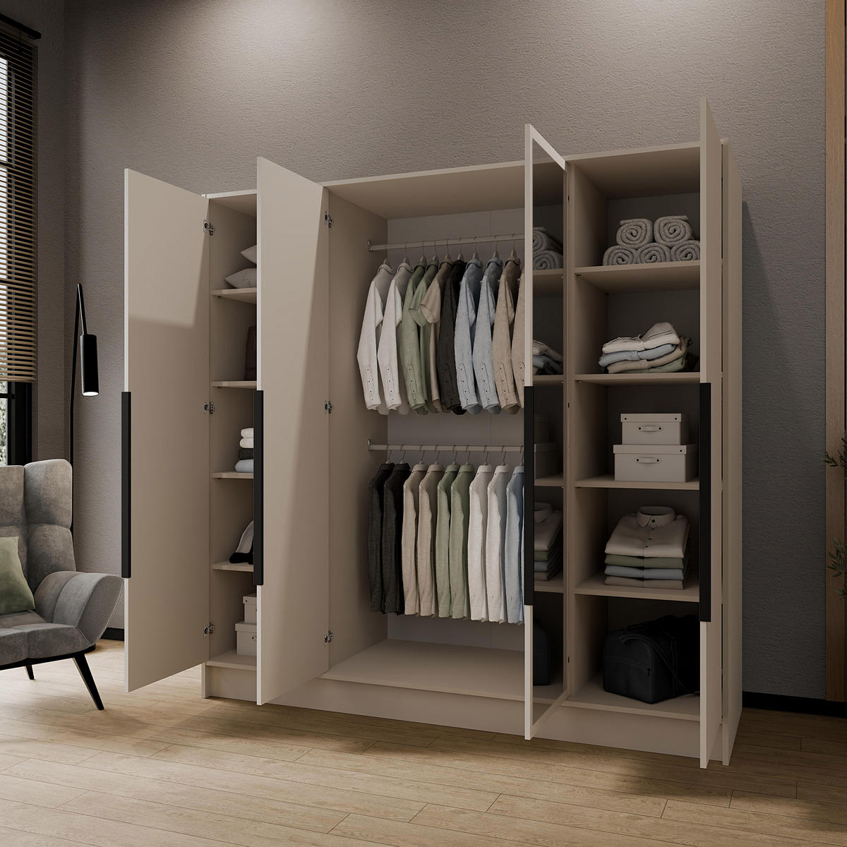 DREHTÜRENSCHRANK Laro mit Spiegel, Kaschmir mit mit schwarzen Griffen, 200 cm - Kaschmir, Holzwerkstoff (200/200/51cm) - Beautysofa