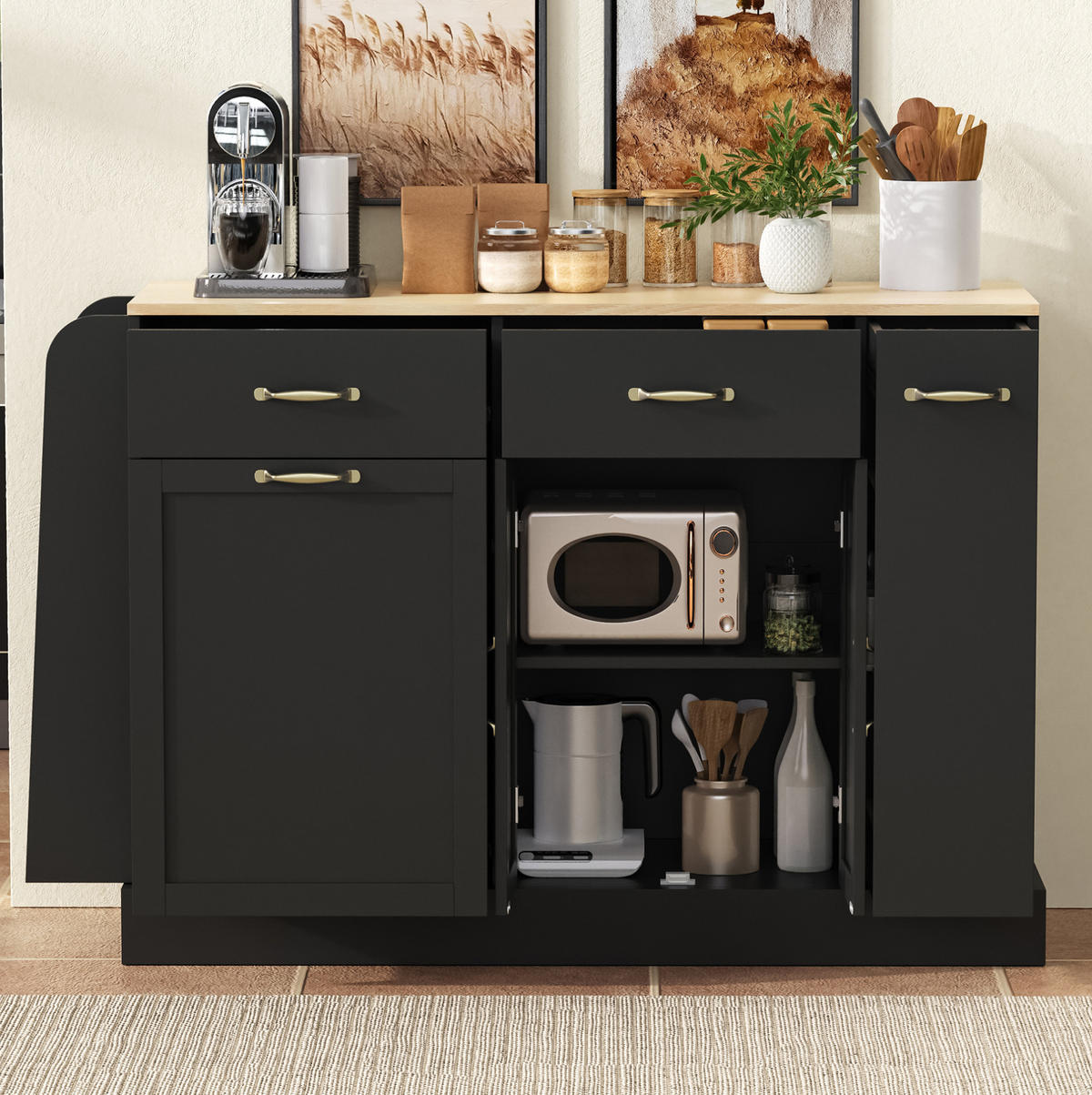SIDEBOARD mit Mülleimerfach 133,5 x 40 x 86 cm Schwarz Holzoptik - Schwarz, Holzwerkstoff (133.5/86/40cm) - Meubliv