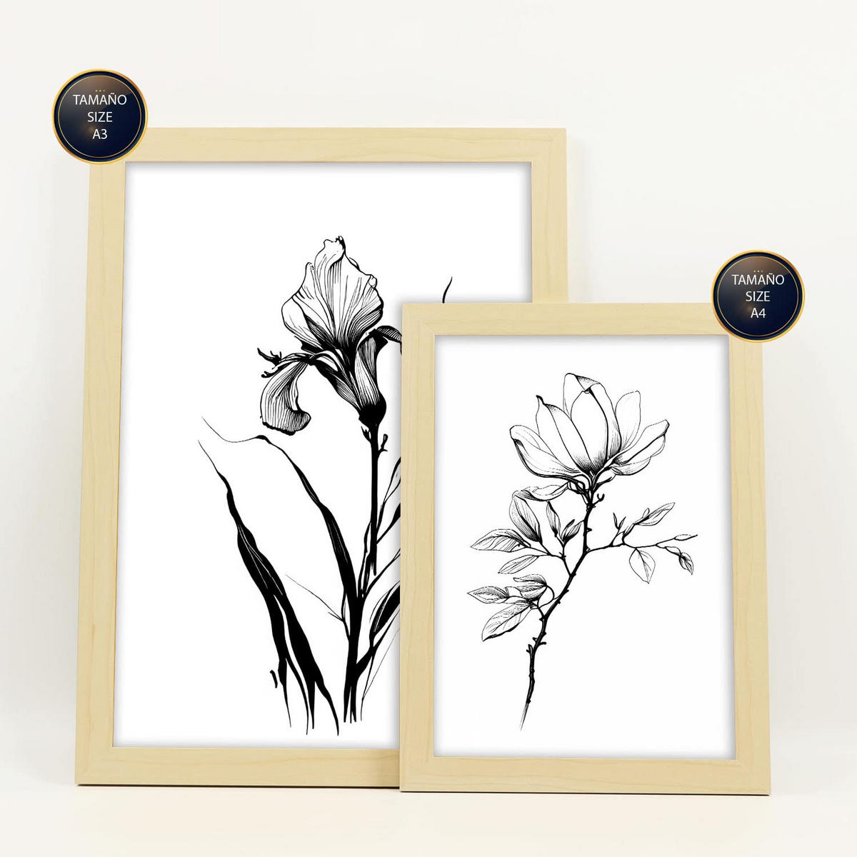 POSTER Set Mit 6 Zarte Blume Größe A3 & A4 Rahmen aus hellem Holz - Beige, Papier (29.7/1cm) - Nacnic