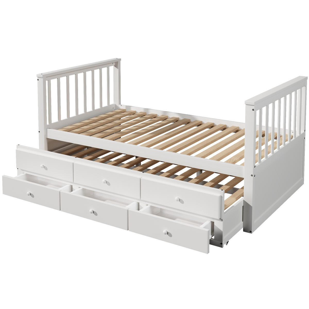 JEDNOLÔŽKOVÁ posteľ 90/200 cm biela z borovicového dreva a MDF s výsuvným lôžkom a 3 zásuvkami - biela, kompozitné drevo (90/200cm) - OKWISH