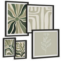 BILDER SET 5er Set - 50x50 cm & 20x30 cm & 40x60 cm Schwarzer Rahmen - Pflanzenmuster grüner Minimalismus - Schwarz, Kunststoff (40/60cm) - TULUP