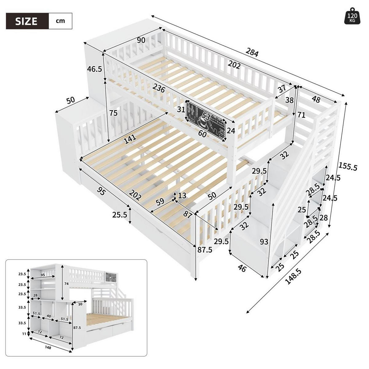 ETAGENBETT 90/200 & 140/200 cm aus Kiefer massiv mit Tafel und Stauraumtreppe Weiß - Weiß, Holz (140/200cm) - Modenvie