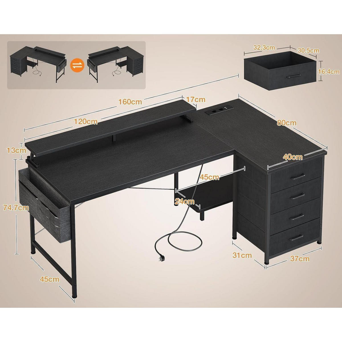 SCHREIBTISCH L Form mit Schubladen Schwarz 160 x 80 cm - Schwarz, Holzwerkstoff (160/80/84.7cm)