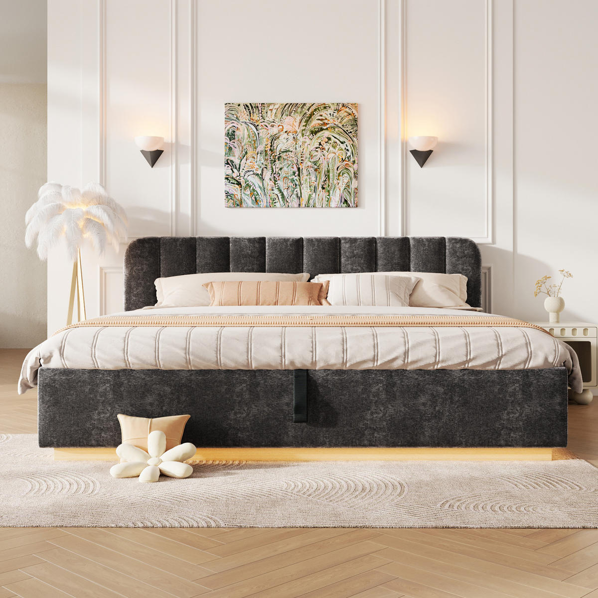 ČALOUNĚNÁ POSTEL 180x200cm Úložná LED Žinylka Antracit - šedá, kompozitní dřevo (180/200cm) - FLIEKS
