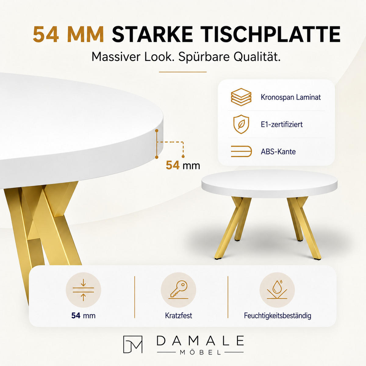 ESSTISCH rund ausziehbar 90/190/76 cm, Weiß, 54 cm Tischplatte + Y Metallgestell Gold - Goldfarben/Weiß, Holzwerkstoff/Metall (90/190/76cm) - Damale Möbel