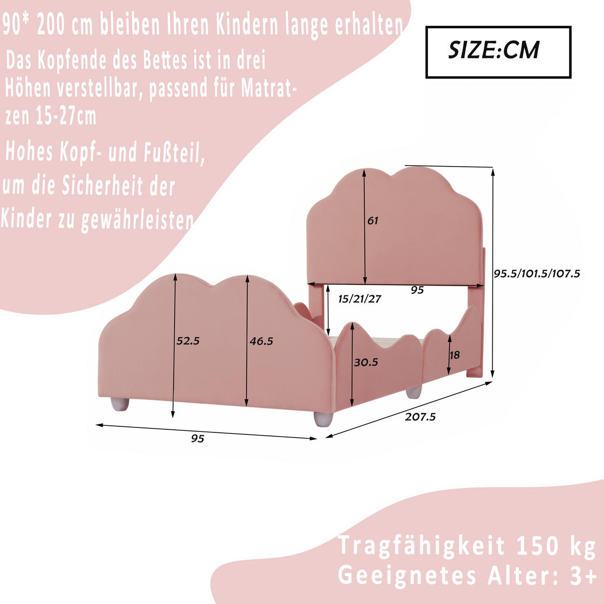 POLSTERBETT 90/200 cm rosa hohes Geländer-Kinderbett mit Wolkenkopf- und Fußteil - Pink, Textil (90/200cm) - OKWISH