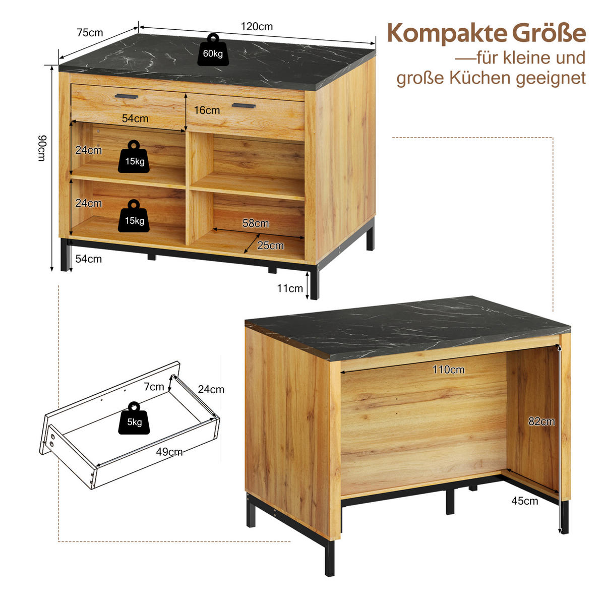 KÜCHENINSEL 120/75/90 cm mit 2 Schubladen, 4 offenen Regalen, Barbereich und MDF-Arbeitsplatte, Schwarz/Natur - Naturfarben, Holzwerkstoff (75/90/120cm) - Redom