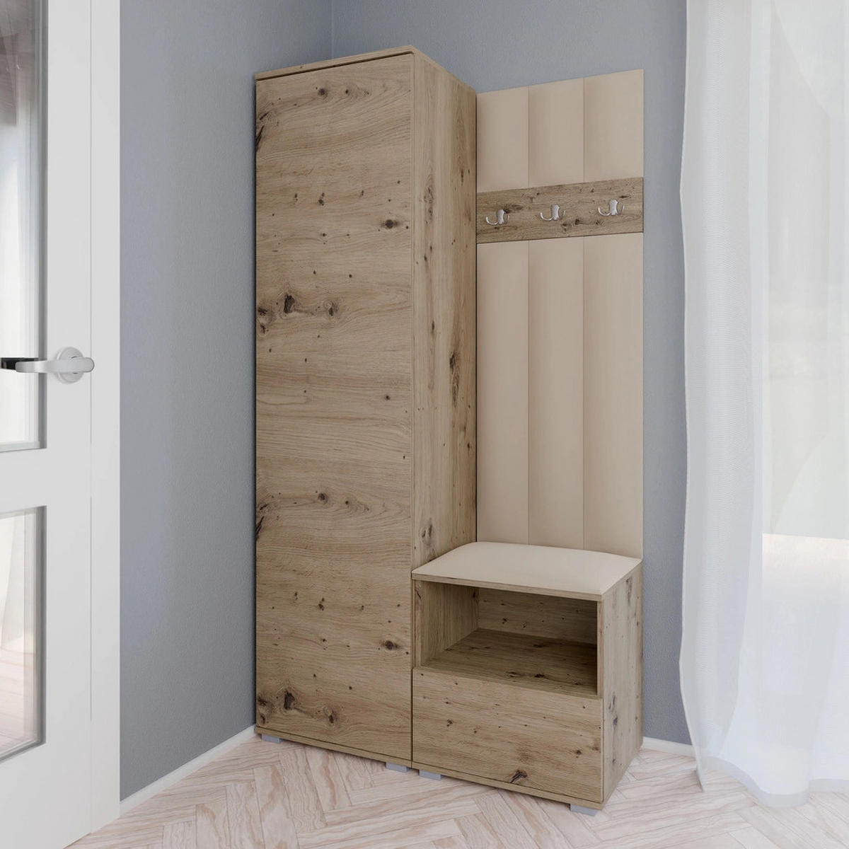 GEPOLSTERT Garderoben-Set Nela I LUX (Eiche Artisan + Stoff Trinity 04) - Beige/Silberfarben, Holz/Holzwerkstoff (100/187/40cm) - Ravio