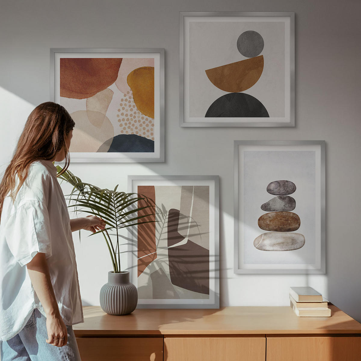 WANDBILDER 4er Set - 50x50 cm & 40x60 cm Silberner Rahmen - Abstrakte Malerei Dekorationen - Silberfarben, Kunststoff (50/50cm) - ArtPrintCave