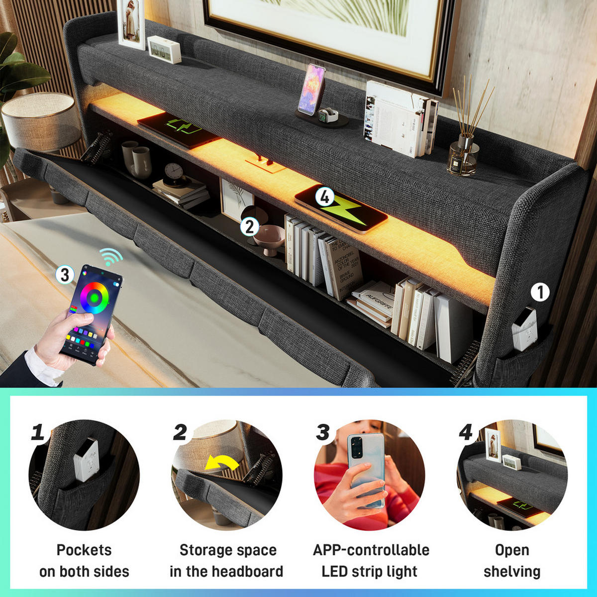 POLSTERBETT 90x200cm Einzelbett mit USB-C & 360° LED Beleuchtung Grau - Grau, Holz (90/200cm) - FLIEKS