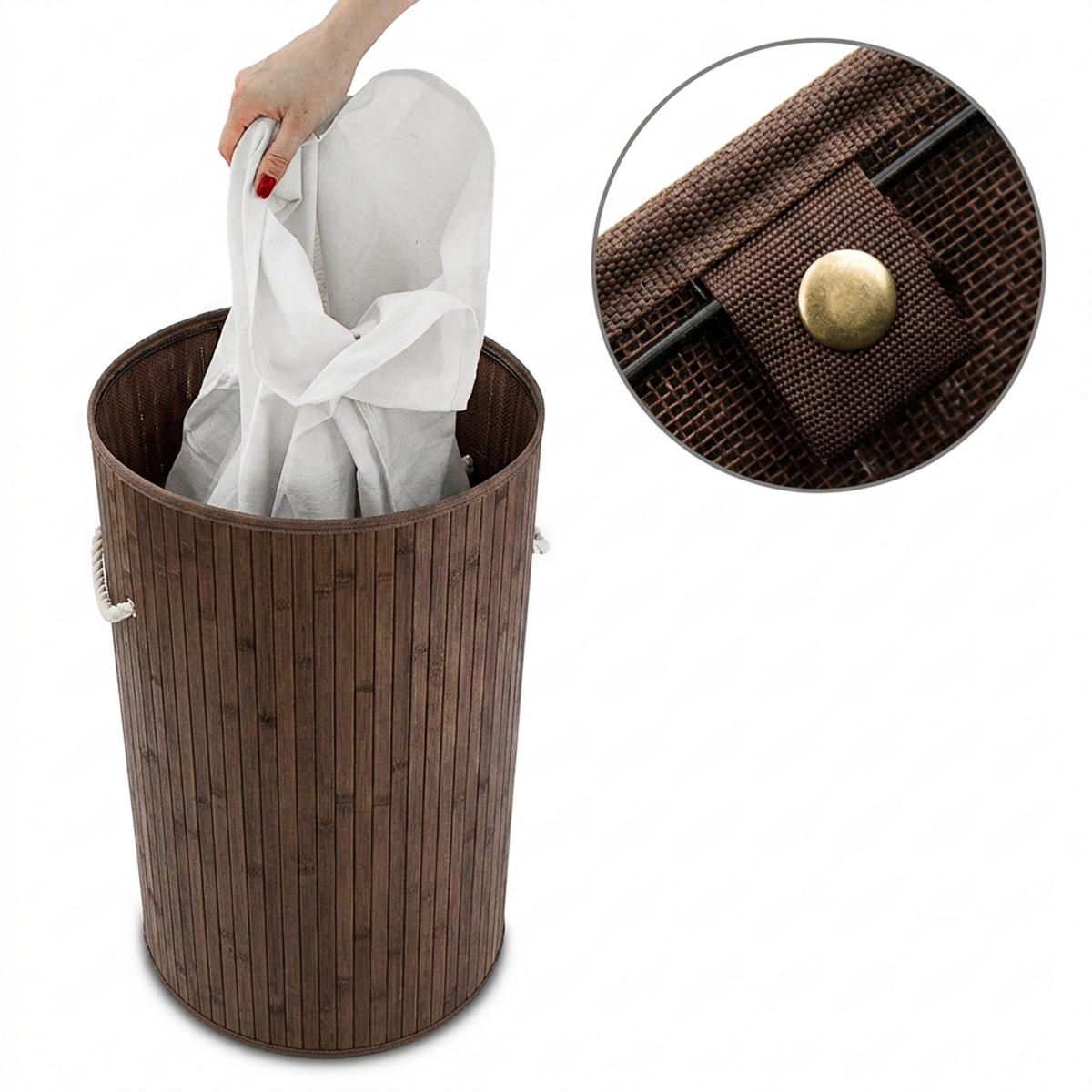 KOŠ ZA PERILO rjava bambus okrogel s pokrovom zložljiv 70 l - rjava, tekstil/les (41/65/41cm) - Relaxdays