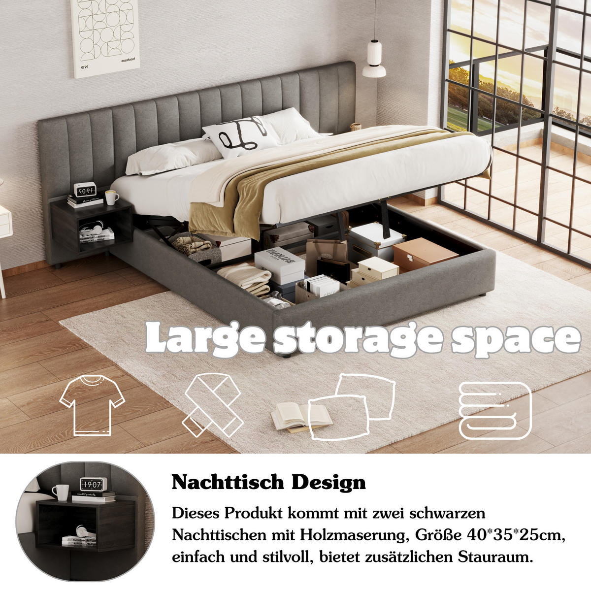 POLSTERBETT 160x200 Hydraulik Stauraum Lattenrost Leinen Grau Schwarz - Grau, Naturmaterialien (160/200cm) - FLIEKS