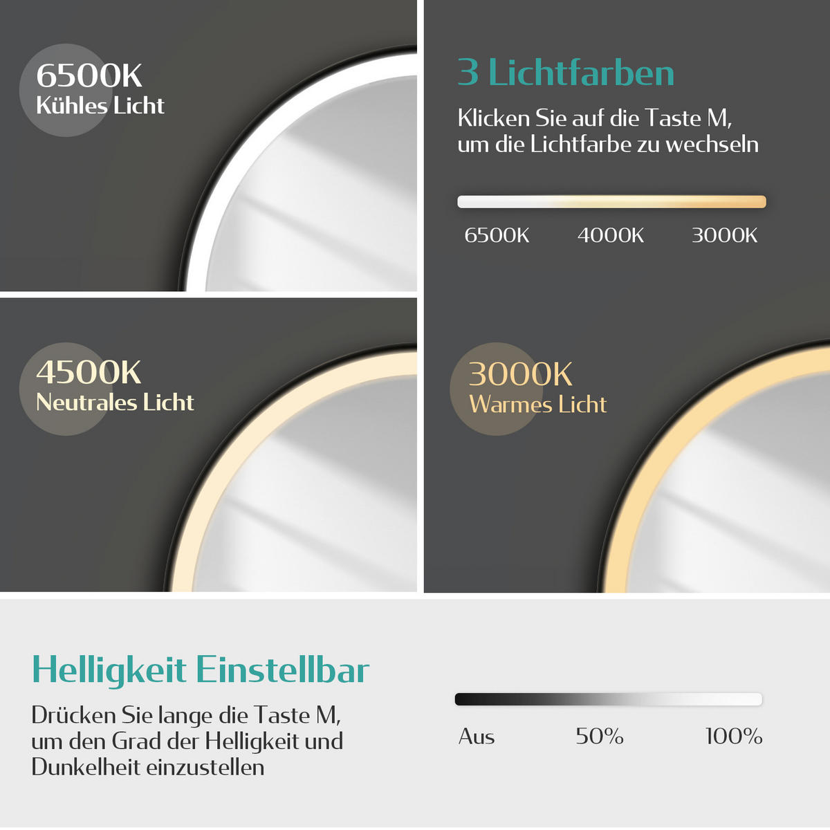 BADSPIEGEL Rund mit Touch-Schalter Beleuchtung mit Hängeriemen Schwarz ф70 cm - Schwarz, Glas (70/3/70cm) - EMKE