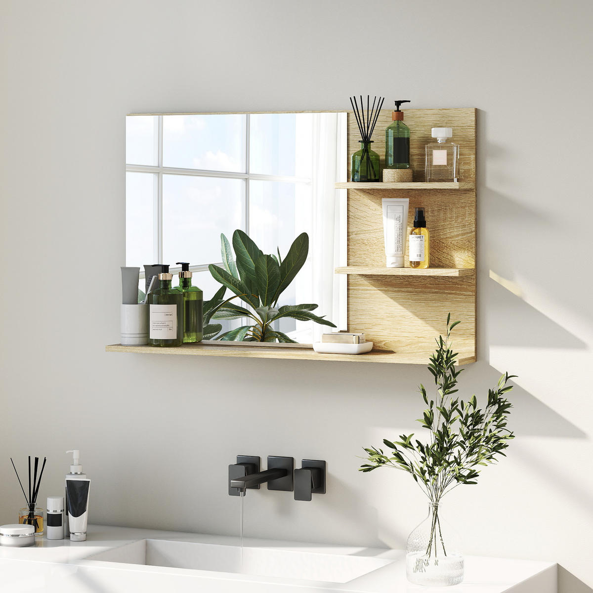 BADEZIMMERSPIEGEL mit zwei seitlichen Ablagen und einer unteren Ablage,75 x 10 x 48 cm ,Holzfarbe - Braun, Glas (10/48/75cm) - Vallsero