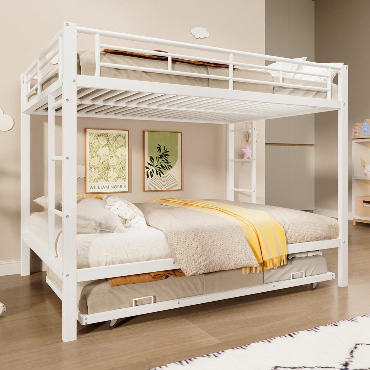 ETAGENBETT 140x200cm Weiß Metall Ausziehbett hohe Geländer - Weiß, Metall (140/200cm) - FLIEKS