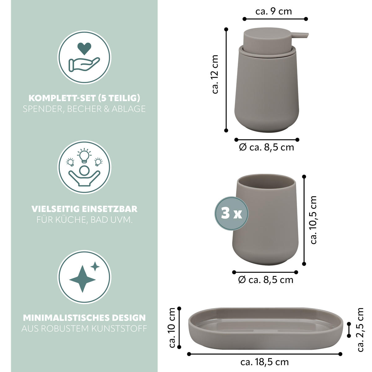 BAD-ACCESSOIRES-SET TESERO 5tlg., Soft-Touch, braun - Braun, Kunststoff (8.5/12/9cm) - eluno