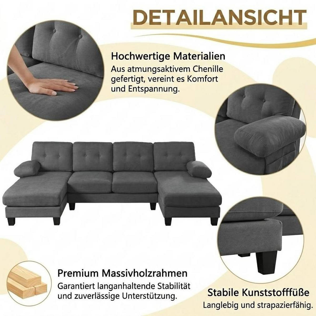 WOHNLANDSCHAFT aus Chenille 268x128x84 cm in Grau mit Doppel-Chaiselongue - Grau, Textil (128/84/268cm) - Modfu