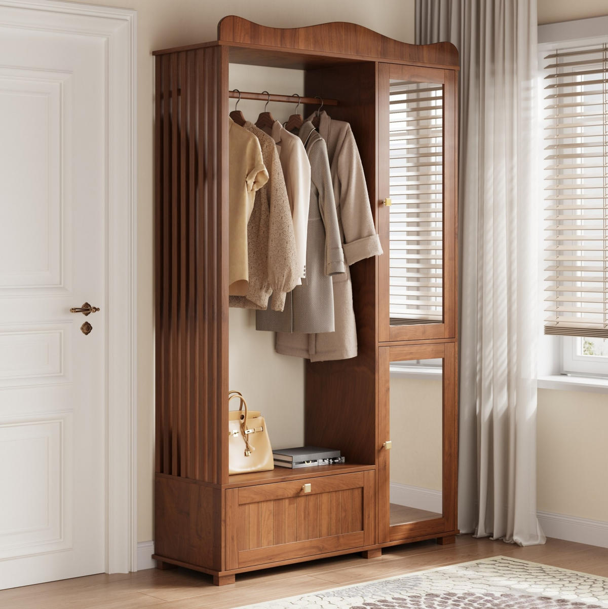 GARDEROBENSCHRANK 115,5/38,5/194,5 cm Nussbaum aus MDF mit Spiegel - Walnussfarben, Holzwerkstoff (115.5/194.5/38.5cm) - OKWISH