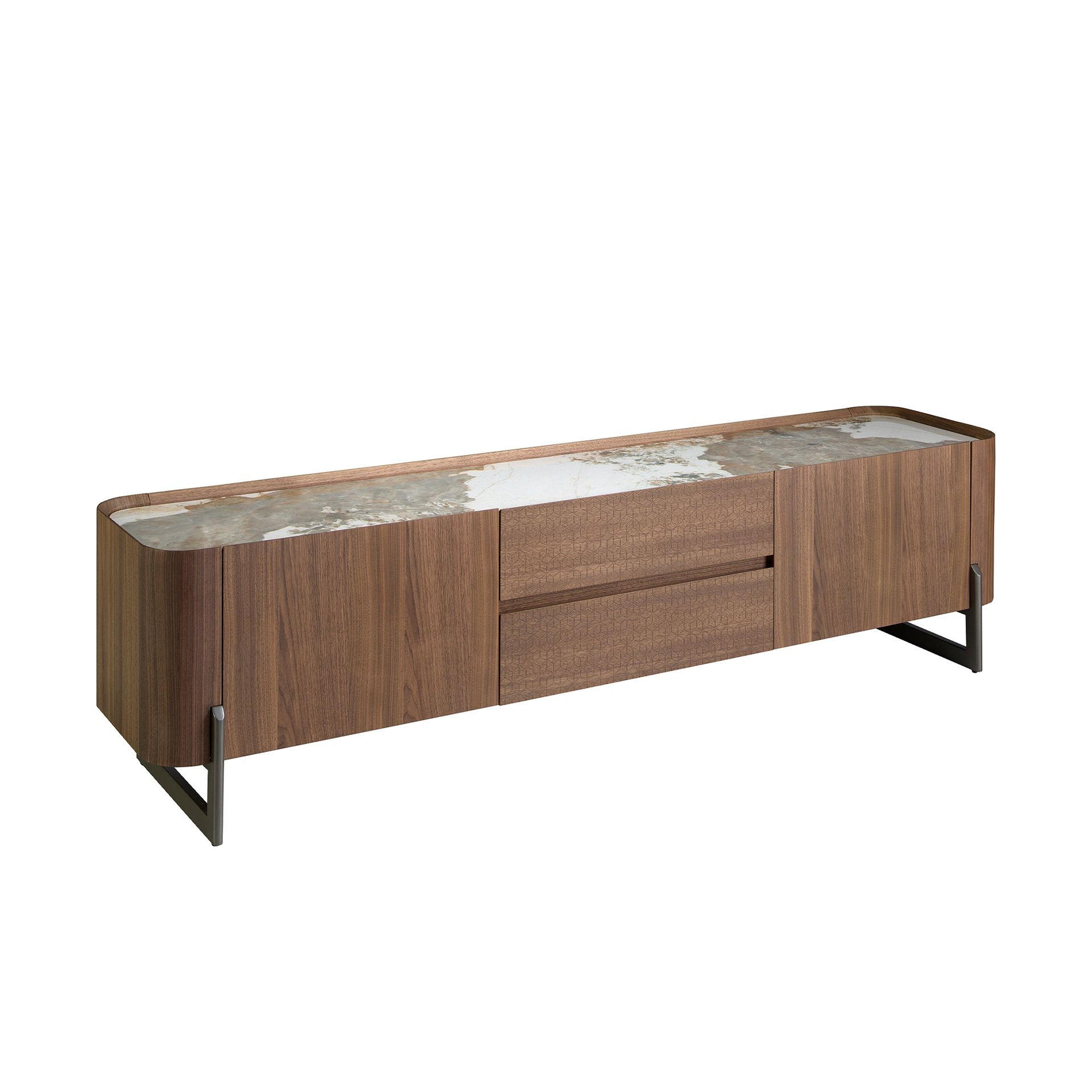TV-ELEMENT TV-Ständer aus Nussbaum und dunklem metallisiertem Stahl mit Porzellanmarmorplatte 200/45/52 cm - Walnussfarben/Weiß, Holz (200/52/45cm) - ANGEL CERDA