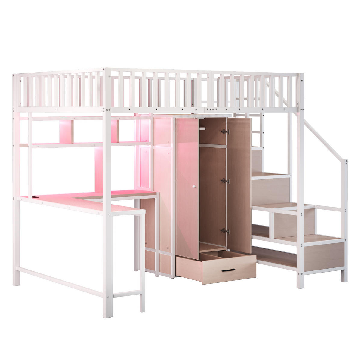 HOCHBETT 140/200 cm DE-01503, in Weiß, mit Schreibtisch, Kleiderschrank, Ladebuchse und LED - Weiß, Metall (140/200cm) - ComfortXL