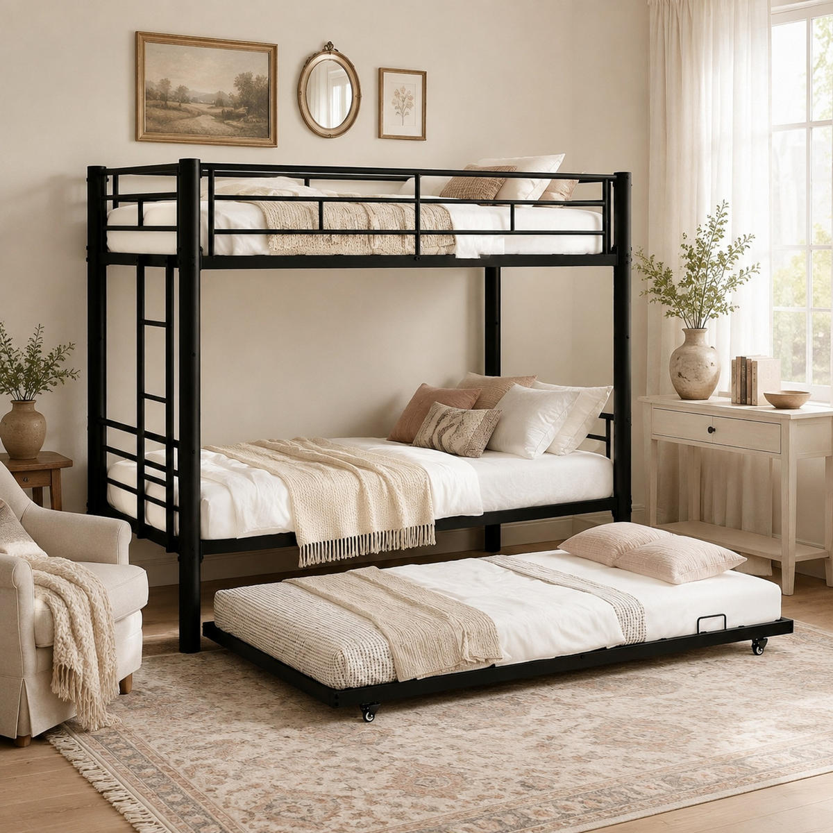 ETAGENBETT 90/190 mit drei Schlafebenen, Sicherheitsgeländern und geräuscharmem Design - Schwarz, Holzwerkstoff (90/190cm) - EVRYAE