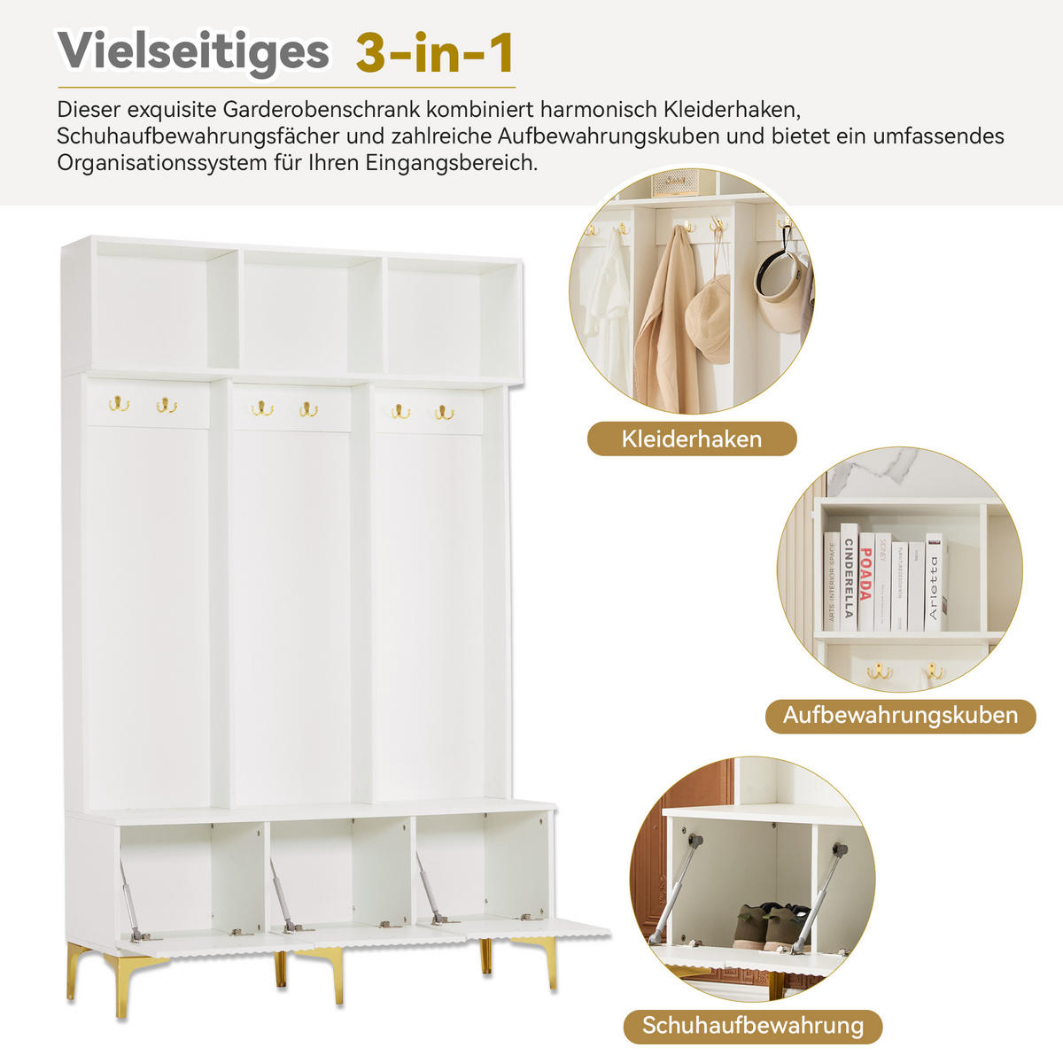 GARDEROBEN weiß & gold, mit sitzbank und 6 haken - Weiß, Holzwerkstoff (120/191/40cm) - Urban Meuble