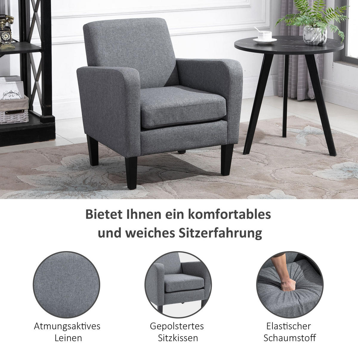 SESSEL 66/72/74 cm in Hellgrau mit Leinenoptik und Holzfüßen - Hellgrau, Textil (72/74/66cm) - Flora Grace