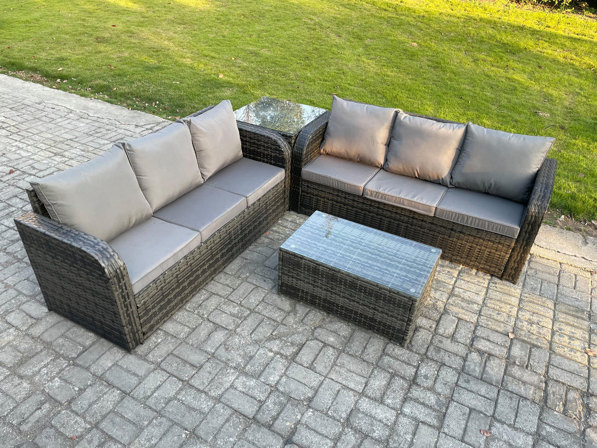 GARTENMÖBEL-SET mit Kissen Polyrattan Dunkelgrau 6-Sitzer - Dunkelgrau/Grau, Glas/Kunststoff - Fimous