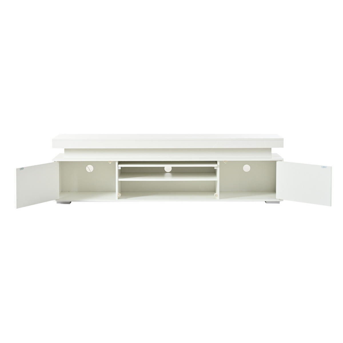 TV stolek z dřevotřísky 150x35x43 cm bílý s LED osvětlením, 3 dvířky a 4 přihrádkami - bílá, kompozitní dřevo (150/43/35cm) - Modfu
