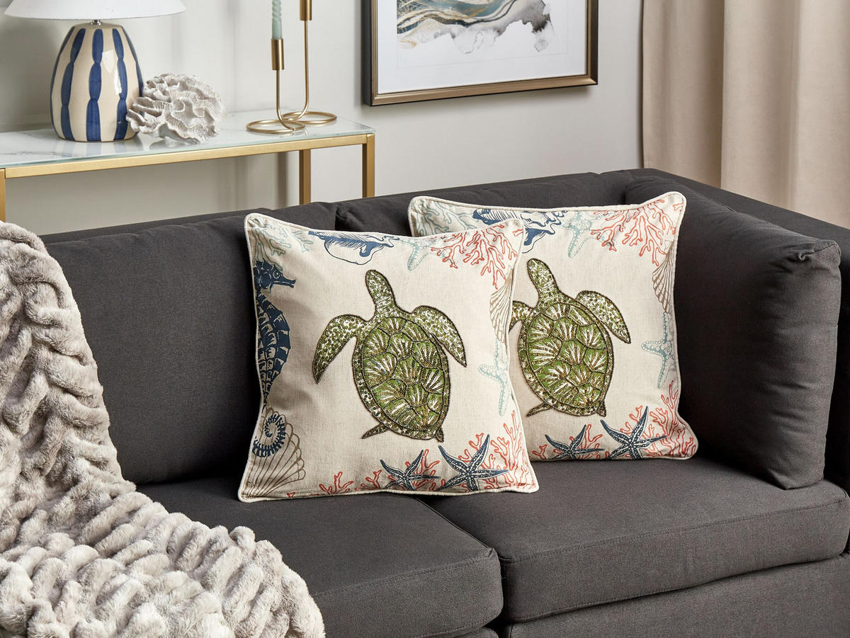 DEKOKISSEN 2er-Set Beige 45/45 cm Algae - Blau/Beige, Textil (45/45cm) - Beliani
