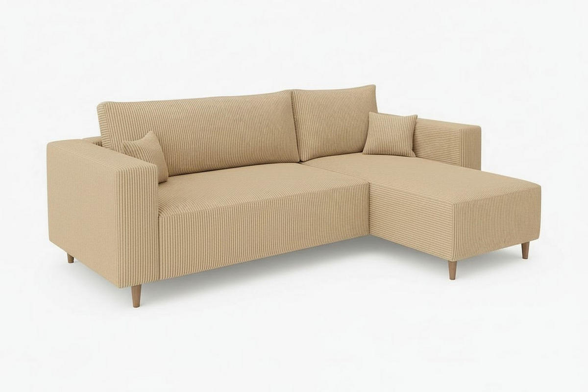 ECKSOFA RIO mit Schlaffunktion und Bettkasten, Farbe: Beige, Cordstoff, Ottomane Universal - Beige, Textil (249/142cm) - Marpur