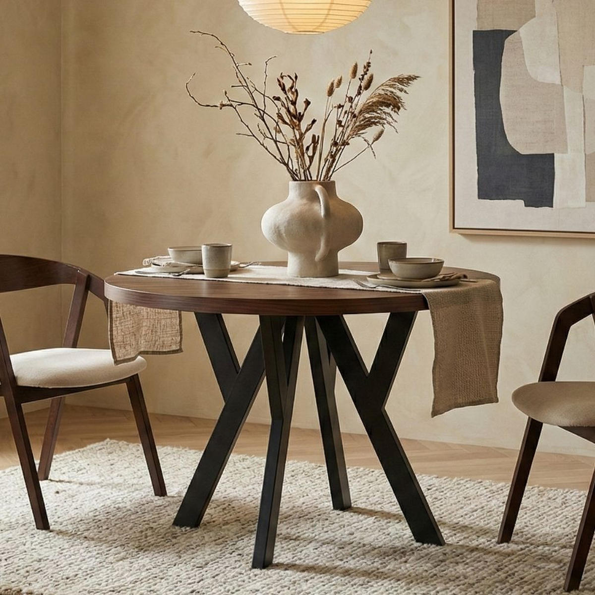 ESSTISCH Runder Ausziehbarer PERO 90/140, Franklin Nuss / Schwarz - Dunkelbraun/Schwarz, Holz (140/90/77cm) - Dekori_Interiors