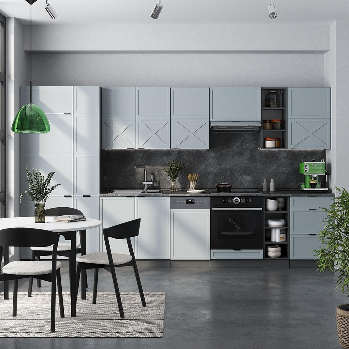 KUHINJSKI BLOK Fame-Line Svetlo modro-siva/antracitna 355 cm , DP Antracit - svetlo modra/antracit, leseni material (355/206.8/60cm) - Vicco