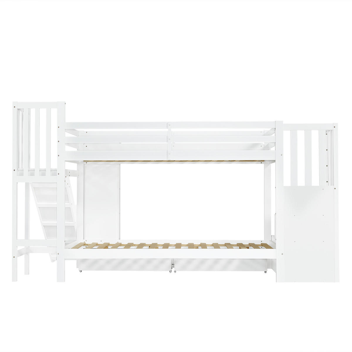 ETAGENBETT 90/200 cm Weiß+Rosa mit Bilderbuchregal, 2 Schubladen, Rutsche und Stauraumtreppe - Weiß, Holz (90/200cm) - Oxeza