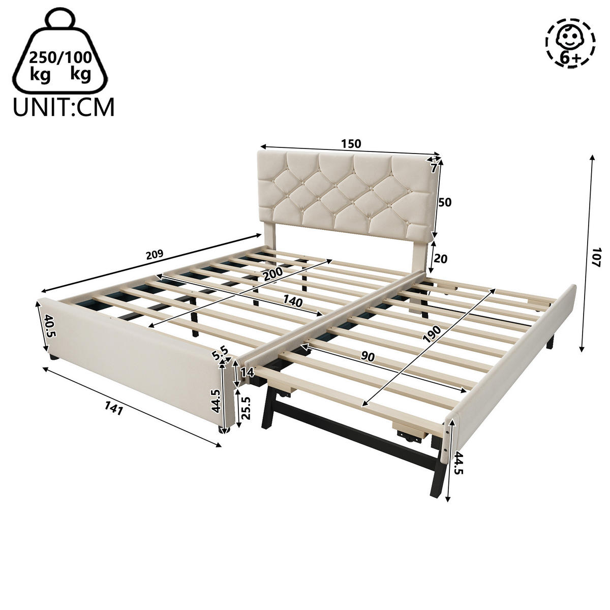 POLSTERBETT mit Ausziehbett und Lattenrost 140x200 cm Samt Beige - Beige, Metall (140/200cm) - Beauniv