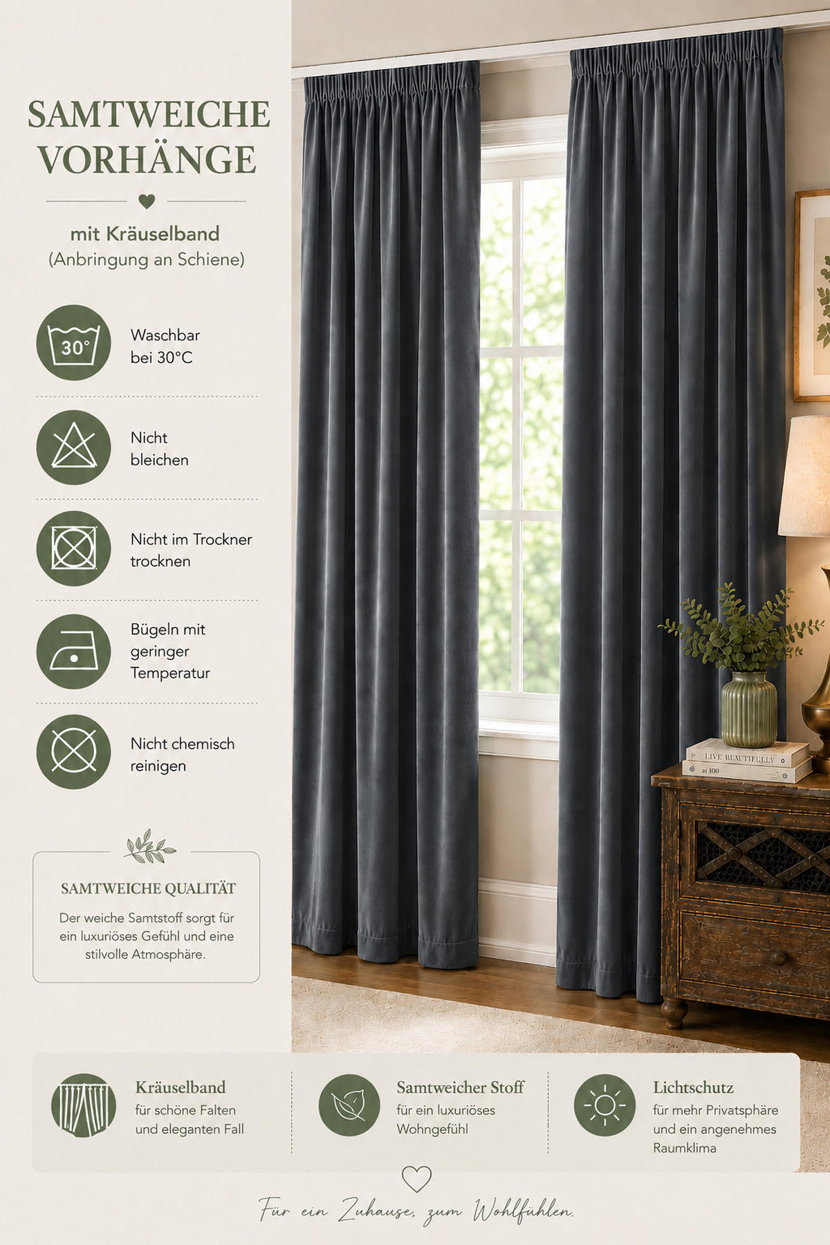 VORHANG Kräuselband Samt 140/145 cm Anthrazit - Anthrazit, Textil (140/145cm) - TiborTex