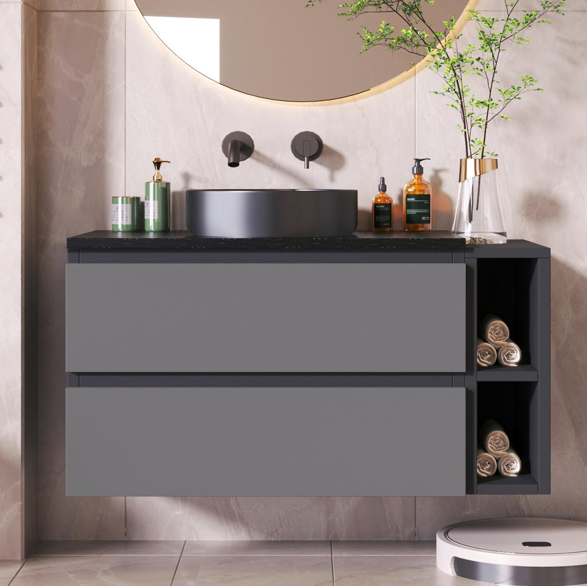 WASCHBECKENUNTERSCHRANK 80 cm Schwarz-Grau mit Keramikbecken - Schwarz, Holzwerkstoff (44/48.5/80cm) - Beauniv