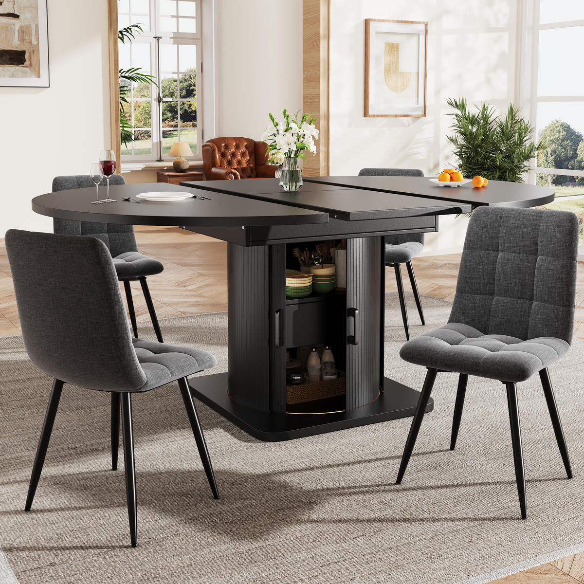 ESSTISCHSET 5-Tlg Ausziehbar, 4 Graue Leinenstühle, Schwarz - Schwarz, Naturmaterialen (67.01/12.8/132.99cm) - FLIEKS