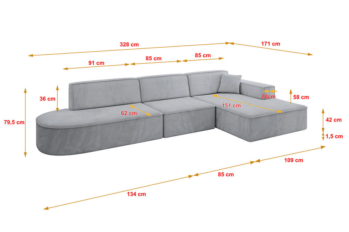 ECKSOFA Ottomane Rechts IREA-L2-v4 - 328x171x79 cm Grau - Titanfarben, Holzwerkstoff/Textil (171/328cm) - ALTDECOR