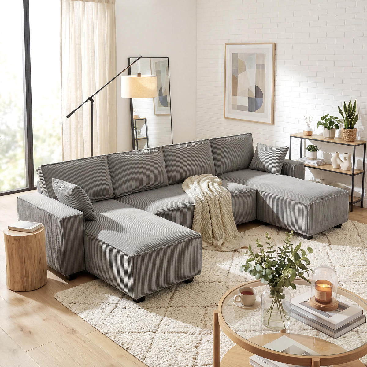 ECKSOFA Cordstoff Hellgrau - Hellgrau, Holzwerkstoff/Kunststoff (154/311cm) - HOMCOM