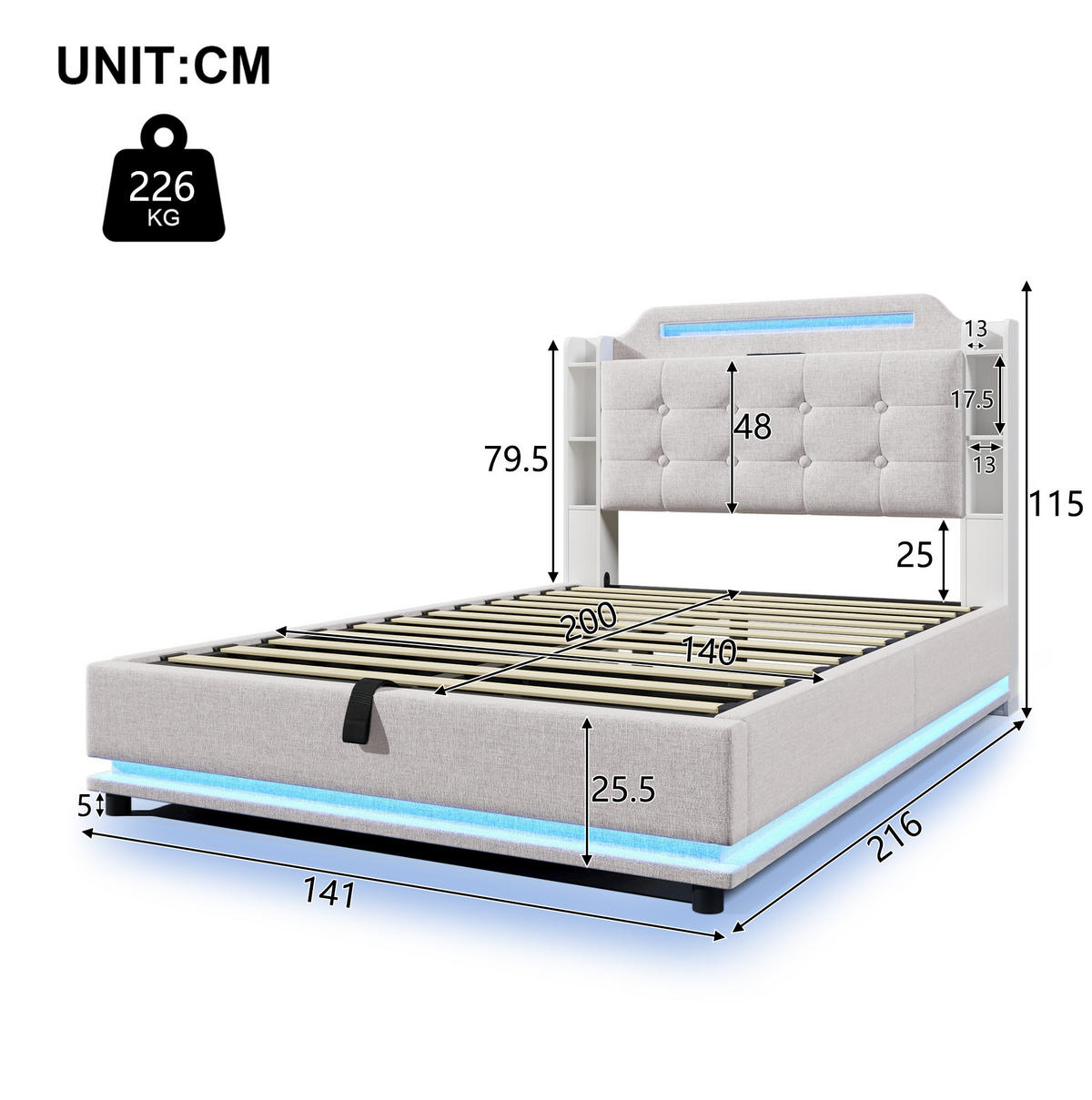 POLSTERBETT 140/200 cm Beige aus Leinen mit LED-Lichtleiste und Stauraum - Beige, Textil (140/200cm) - OKMYHOME