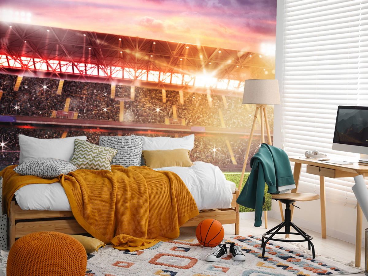 FOTOTAPETE für Jugendzimmer Fußballstadion Nachtlich Lichter Tribünen 300x210 - Gelb/Rot, Papier (300/210cm) - Muralo