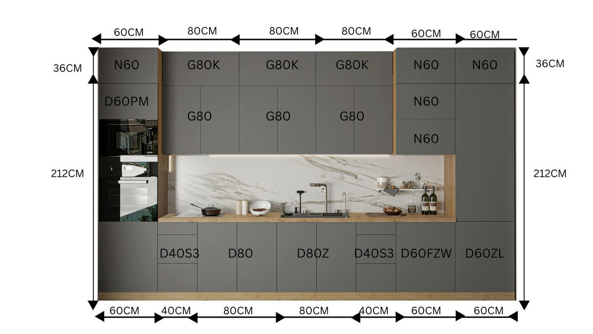 KÜCHENZEILE – Küchenblock 420 cm VELORA – KU-S38 – Grau - Grau, Holzwerkstoff (420/248/58cm) - hi-markt