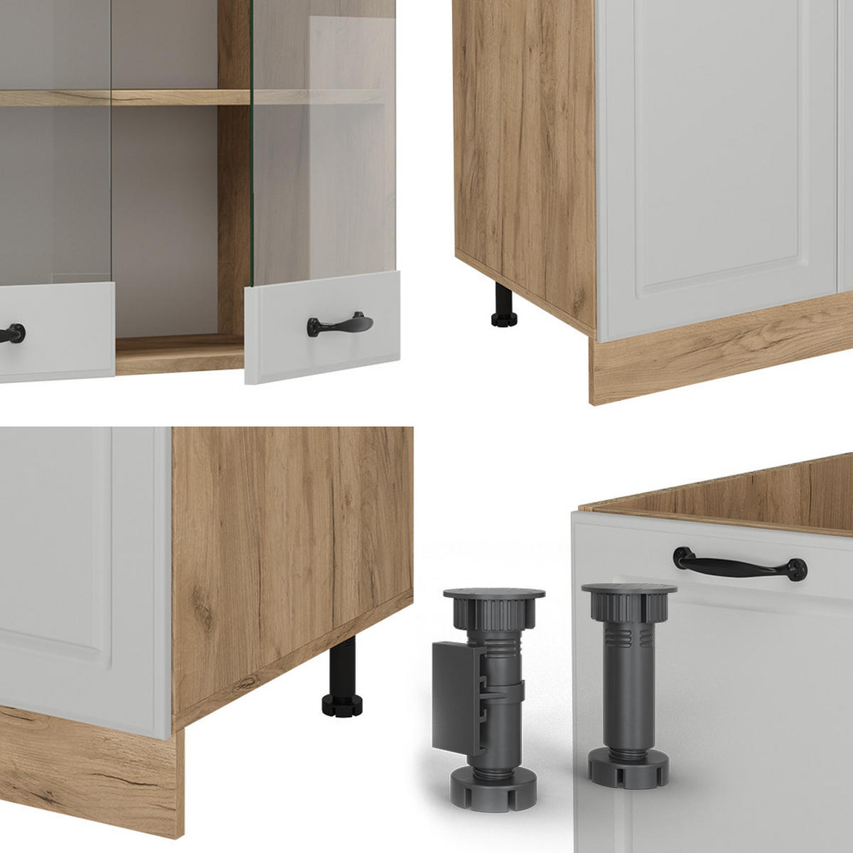 KÜCHENZEILE R-Line Weiß Landhaus/Goldkraft Eiche 300 cm mit Hochschrank, ohne Arbeitsplatte - Honigeiche/Weiß, Holzwerkstoff (300/81.6/46cm) - Vicco