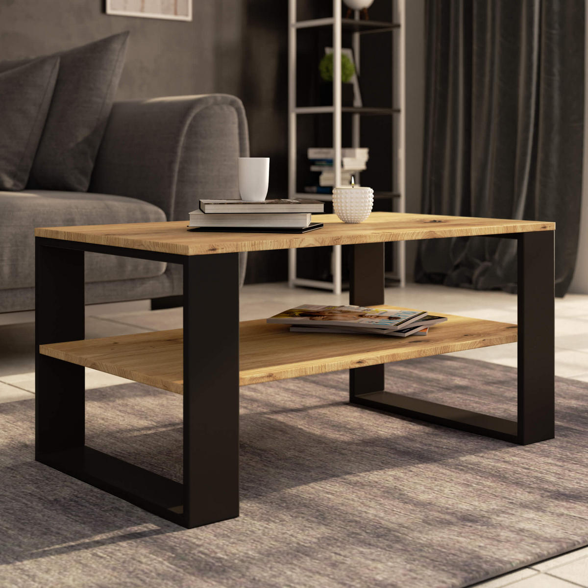 COUCHTISCH ALEX Eiche Artisan, Schwarz 92x53x45 cm - Schwarz/Eiche Artisan, Holzwerkstoff (53/92/45cm) - Akord