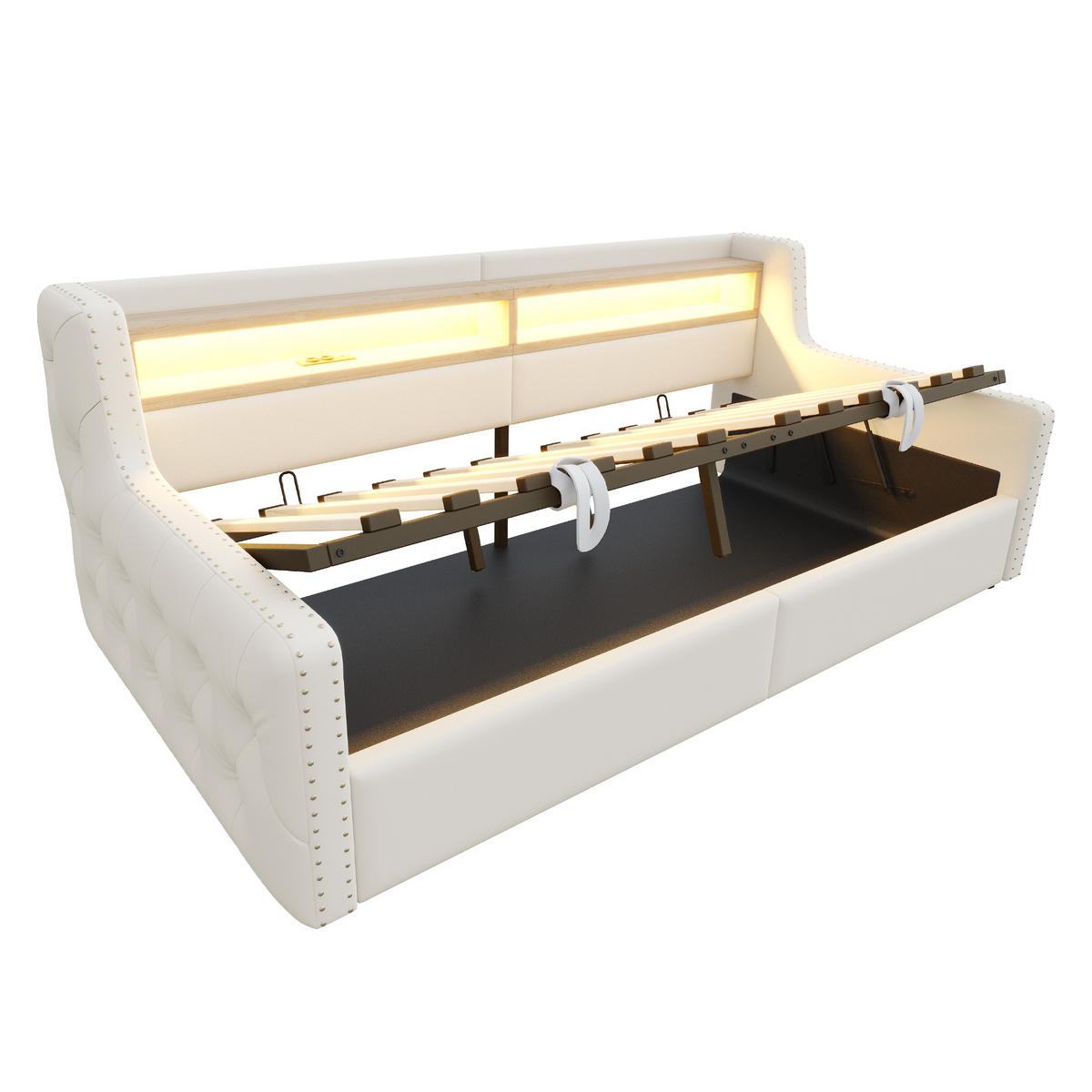 POLSTERBETT 90/200 cm DE-02101, in Beige, mit Sofafunktion, LED und Hydraulik - Beige, Metall (90/200cm) - ComfortXL