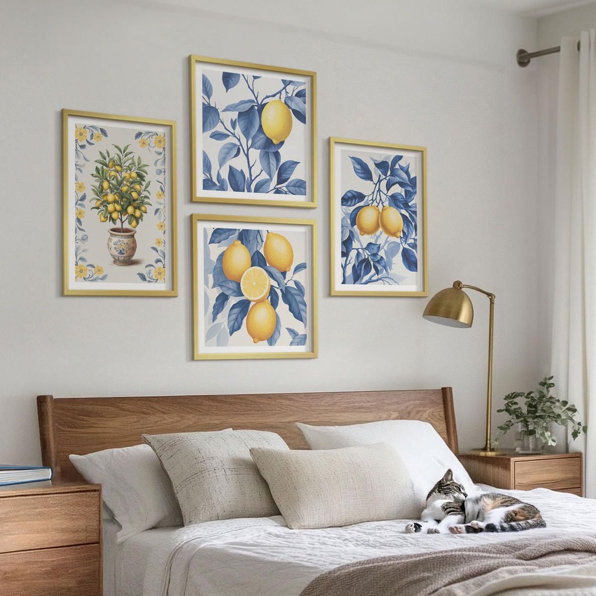 BILDER SET 4er Set - 50x50 cm & 40x60 cm Goldrahmen - Zitronenzweige mit blauen Blättern - Goldfarben, Kunststoff (50/50cm) - TULUP