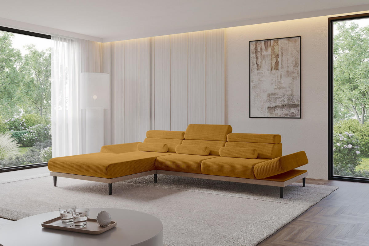 ELEKTRISCHES ECKSOFA Links MONA 316x205x85 Senfgelb Cord - Dunkelgelb, Holzwerkstoff/Textil (316/205cm) - ALTDECOR