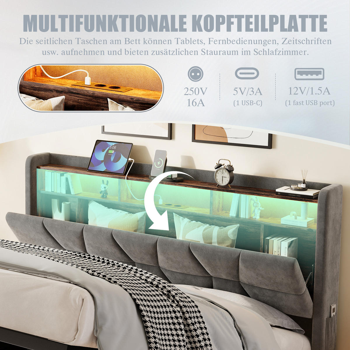 POLSTERBETT aus Velvet 160x200 cm in Dunkelgrau mit LED & USB/Type-C - Dunkelgrau, Textil (160/200cm) - Modfu